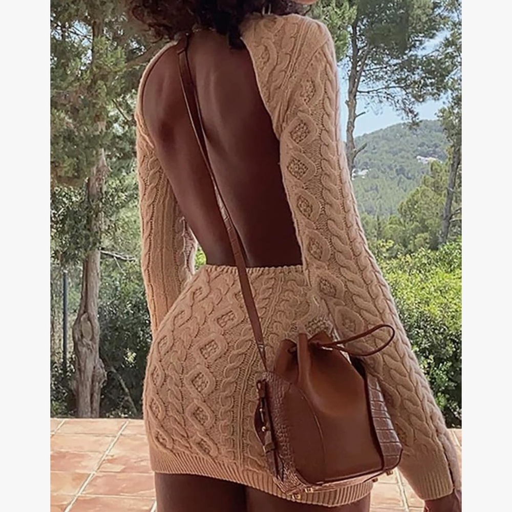 Elegant Cream Cable Knit Backless Dress - Picture 4 of 7